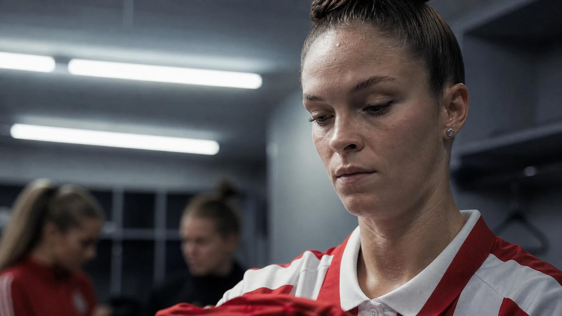 A close-up of Tess Laplacette holding a training kit in a locker room.