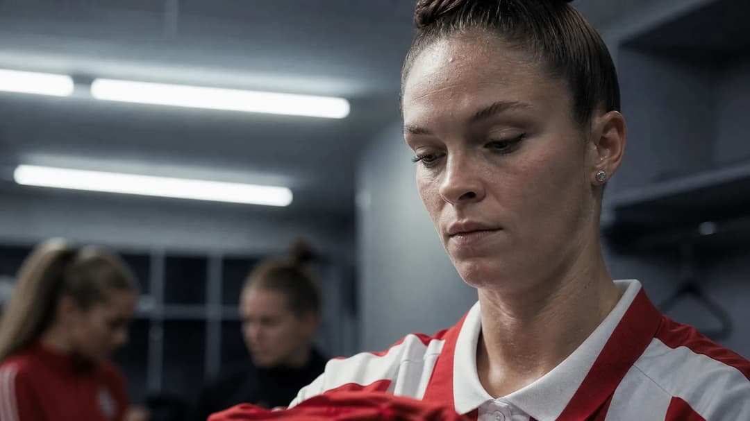 A close-up of Tess Laplacette holding a training kit in a locker room.