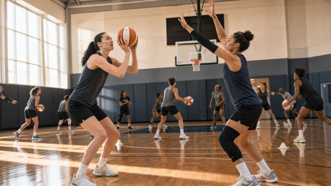 A basketball practice session featuring two players engaged in a shooting drill, with teammates in the background.