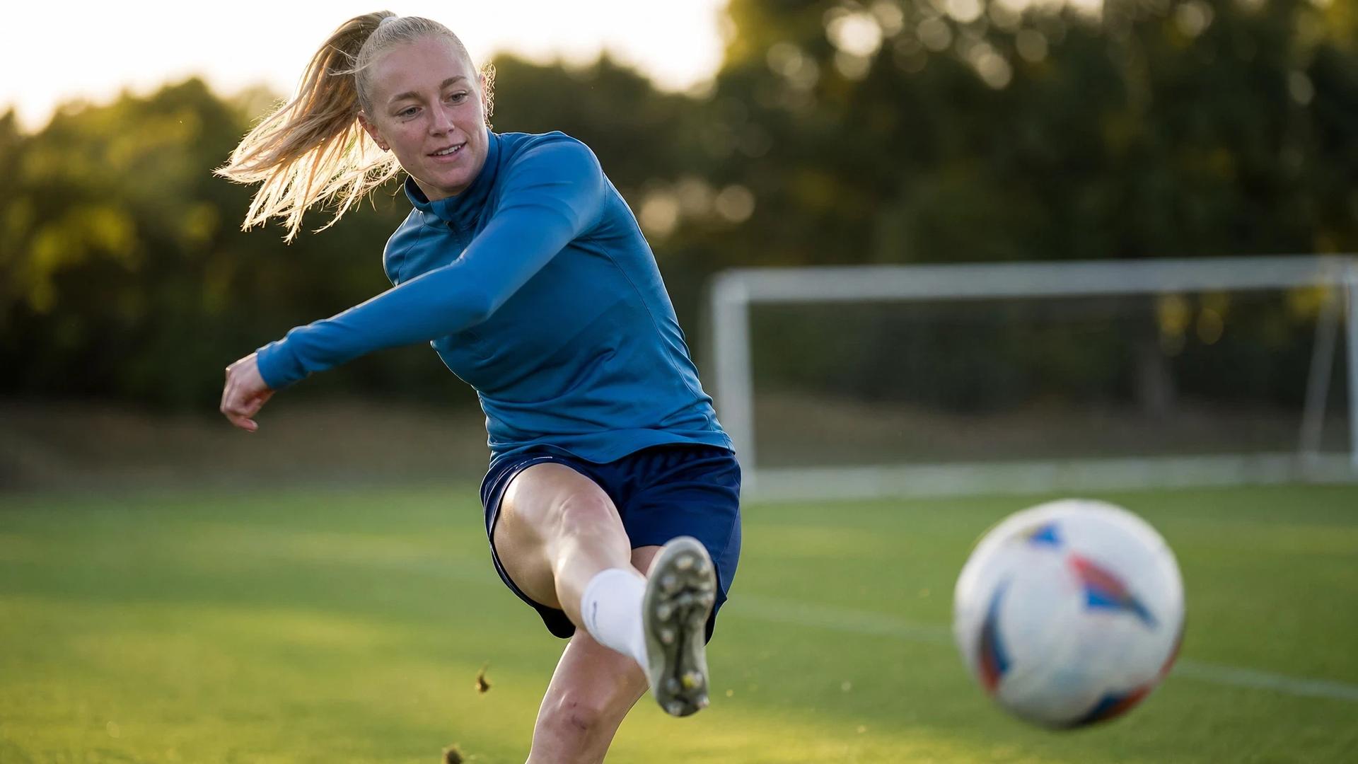 Caroline Siems training on a football pitch, mid-kick, symbolizing her journey of recovery.