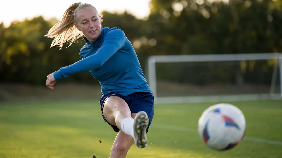 Caroline Siems training on a football pitch, mid-kick, symbolizing her journey of recovery.