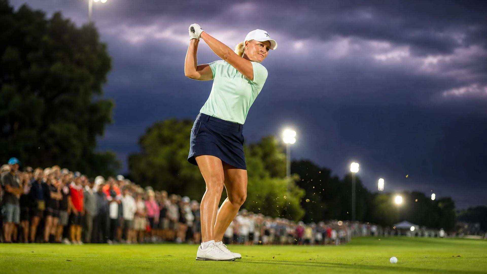 A dynamic moment of Anna Nordqvist in action during the FM Championship, swinging her golf club amidst a vibrant atmosphere.