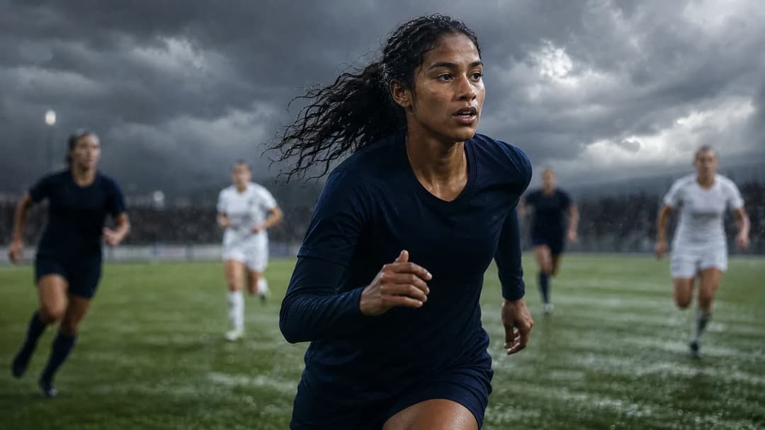 A female football player mid-action during a stormy match, with blurred teammates in the background.
