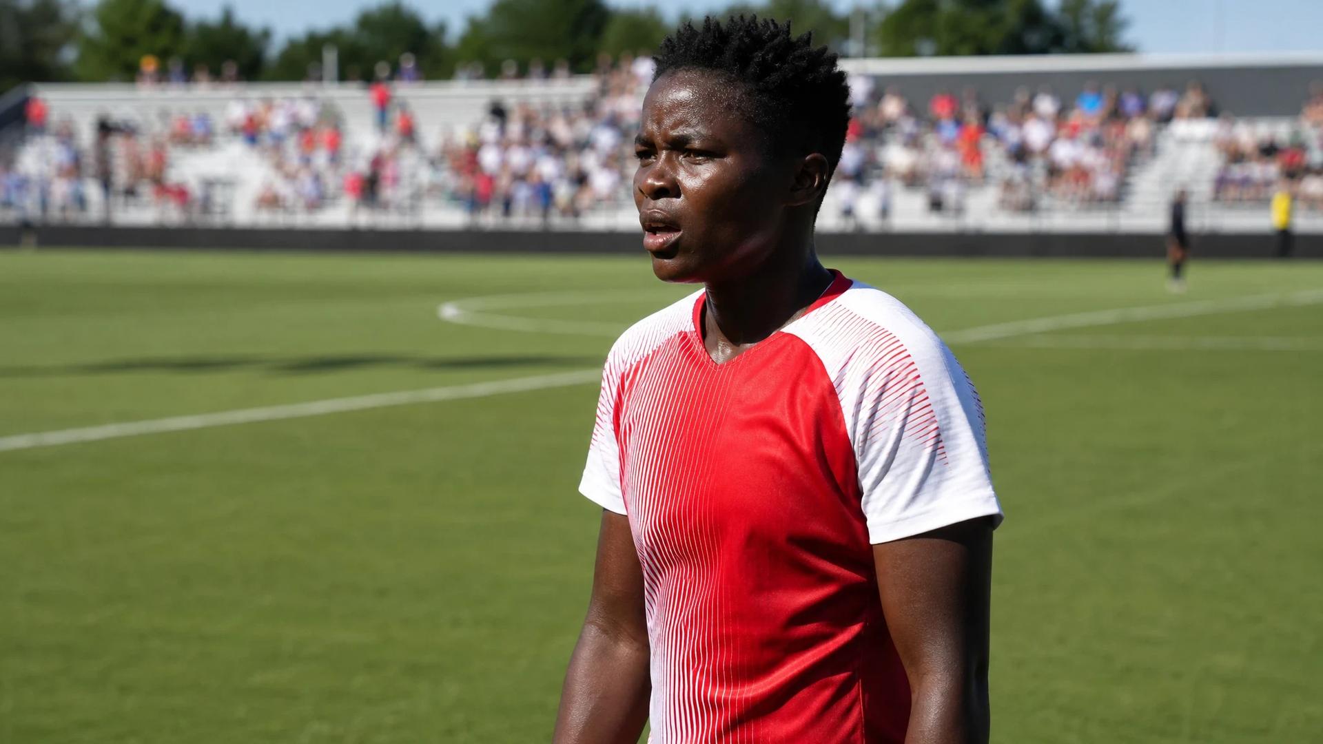 A female soccer player, Temwa Chawinga, stands on the field in an athletic pose, ready for the game.
