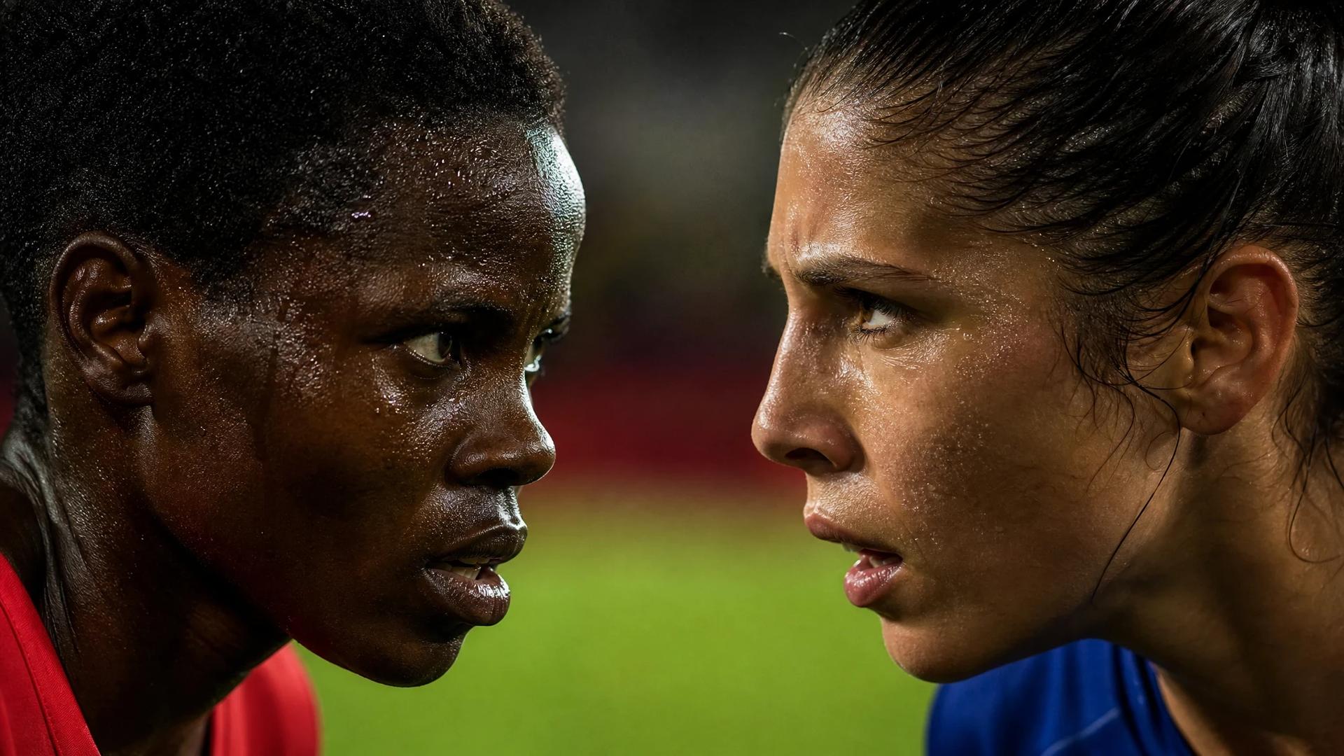 An extreme close-up of two female football players facing each other intensely.