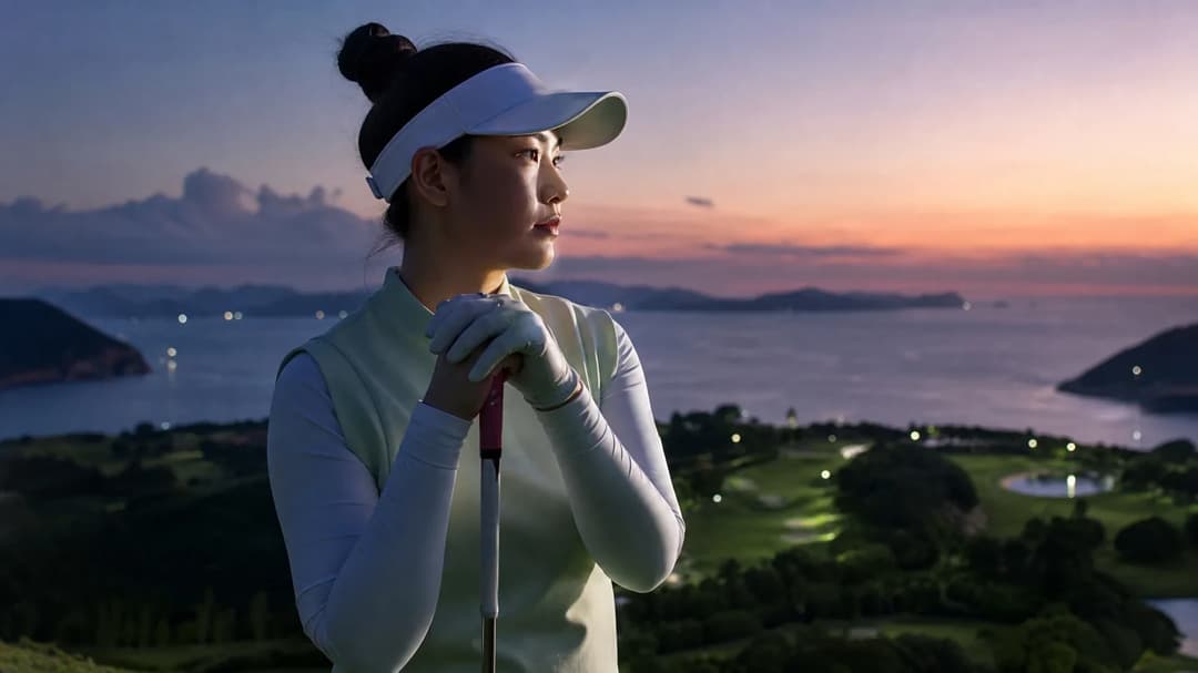 A close-up of a female golfer in a moment of anticipation during dusk at Clearwater Bay Golf and Country Club.