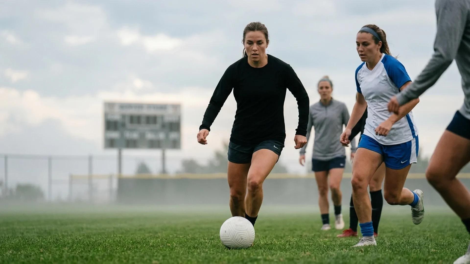 A female football player dribbles a ball on a training pitch with other teammates in the background.
