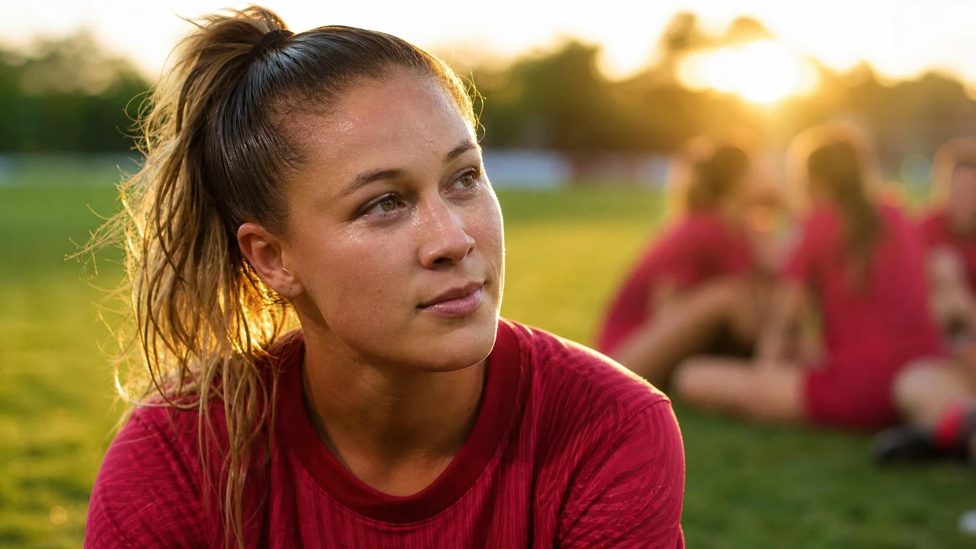 Close-up portrait of Ashley Sanchez during golden hour after a football match, showing her joyful expression.