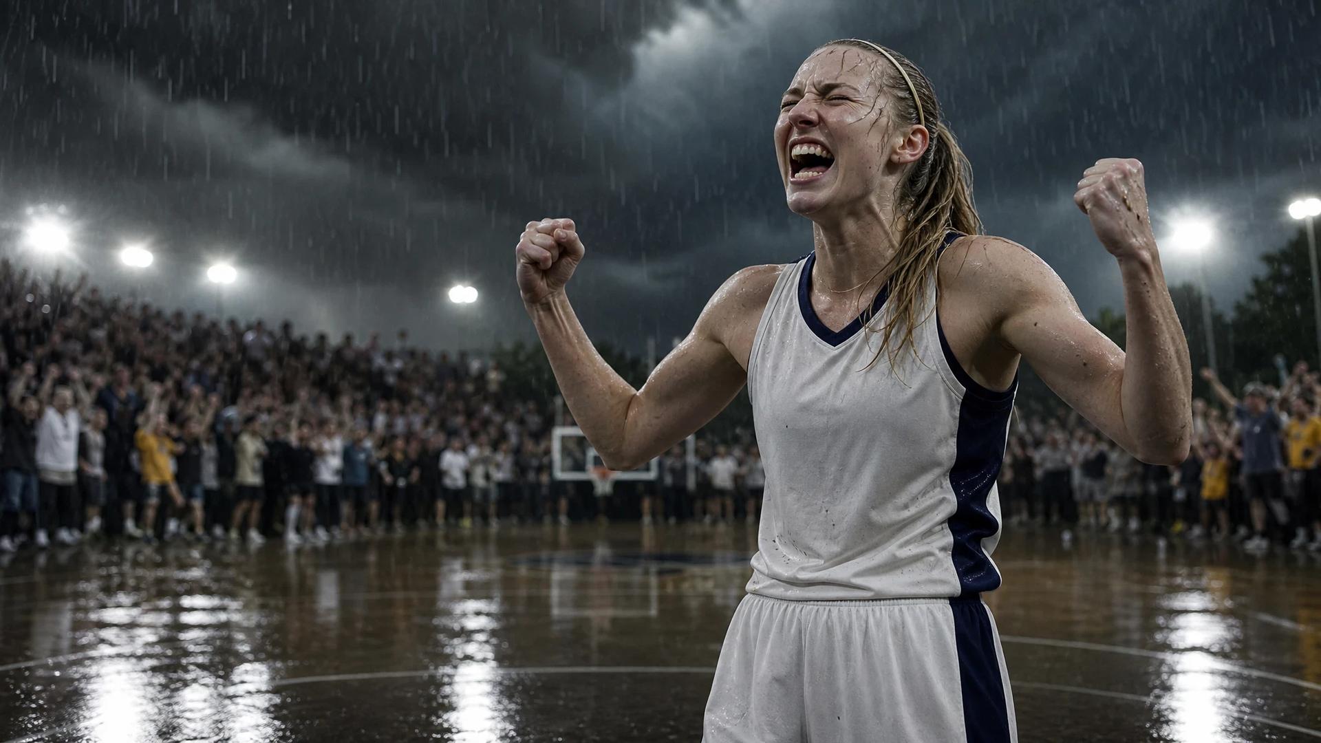 Paige Bueckers celebrating on the court after securing a playoff spot for the Dallas Wings in a stormy setting.