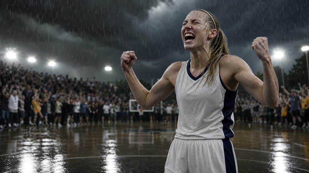 Paige Bueckers celebrating on the court after securing a playoff spot for the Dallas Wings in a stormy setting.