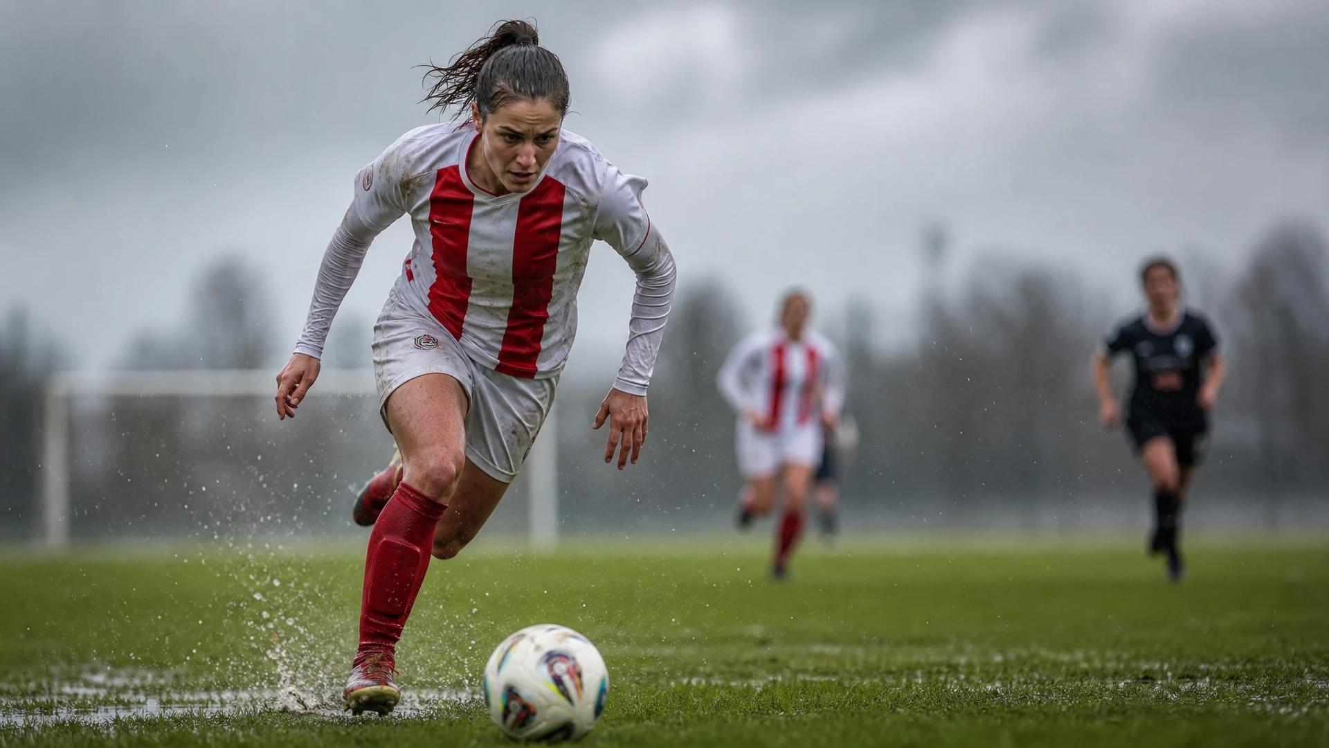 A female football player makes a dynamic move on a rain-soaked pitch.