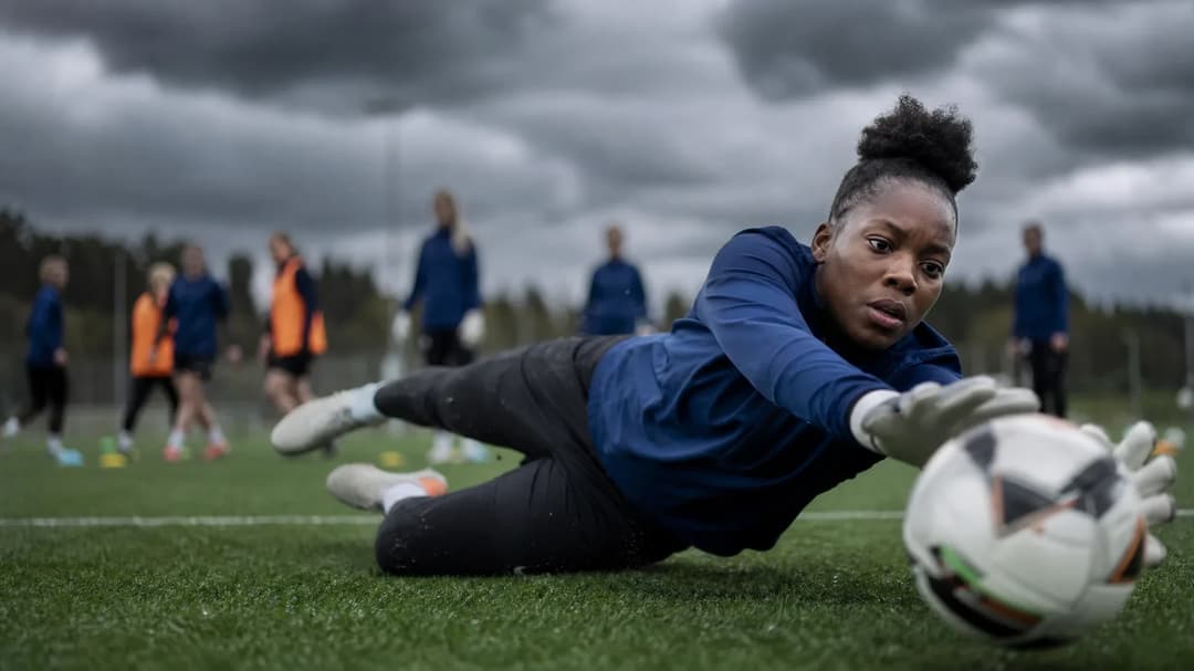 A goalkeeper named Comfort Erhabor dives during a training session with AIK while other players practice in the background.