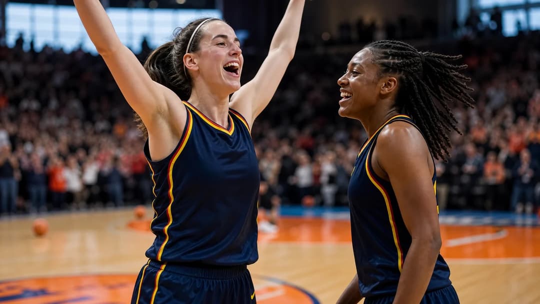 Caitlin Clark and Kelsey Mitchell celebrating a win on a basketball court.