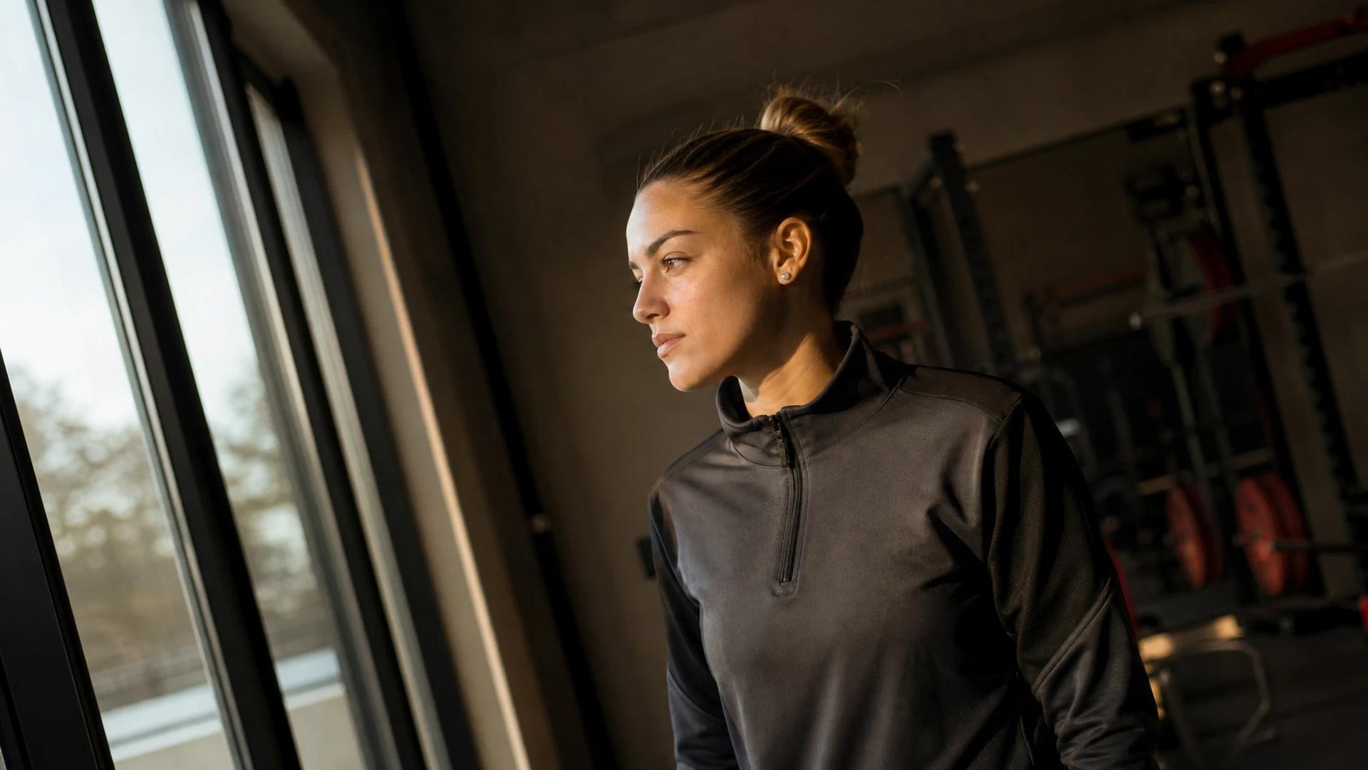 A young female footballer looking out of a window in a training facility, contemplating her future.