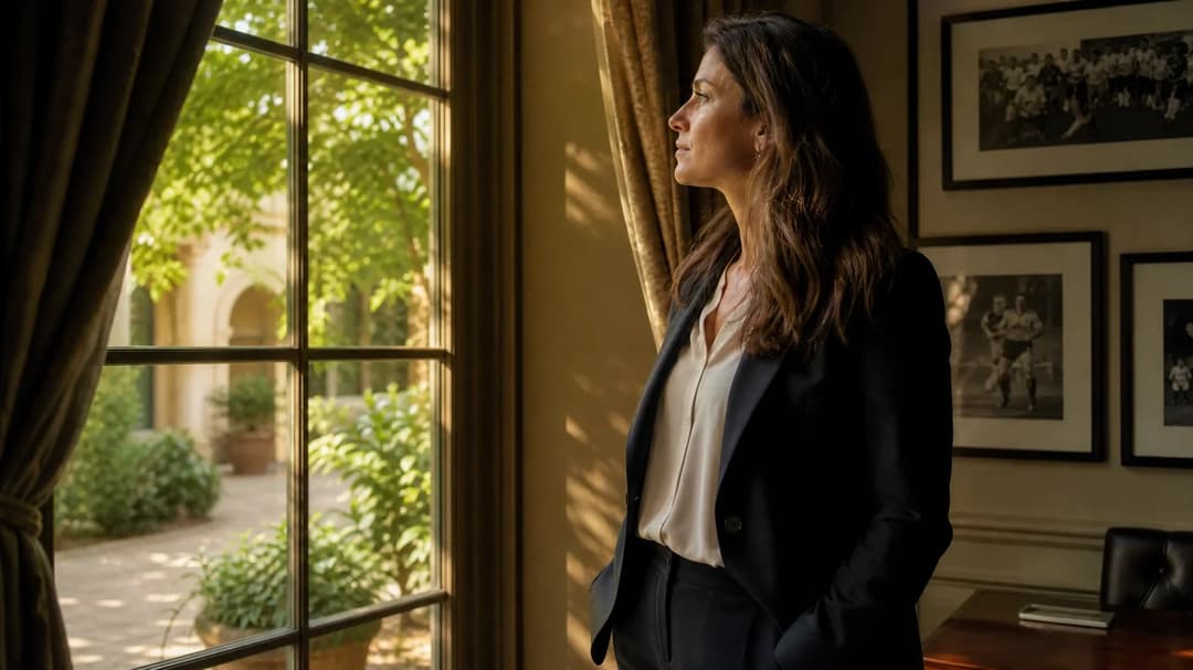 A female football executive gazing thoughtfully out of a window into a sunlit courtyard.