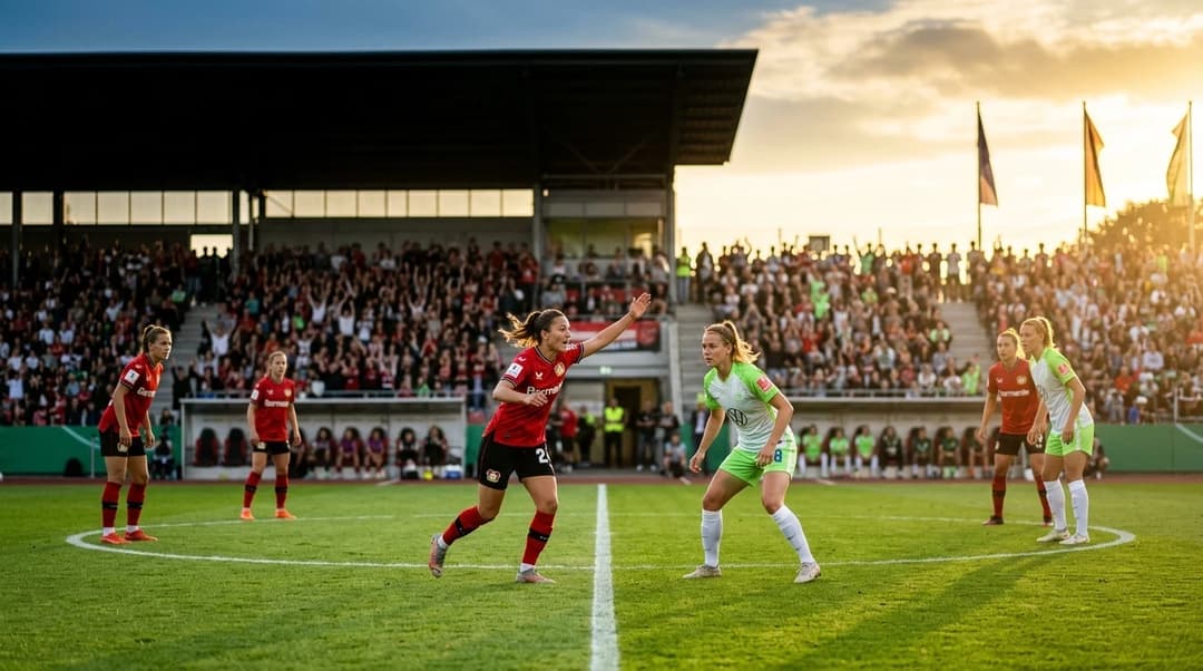 A football match scene with players from Bayer Leverkusen and VfL Wolfsburg at golden hour.