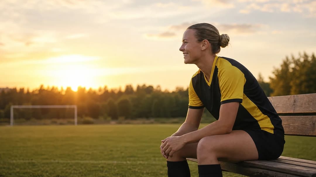 A young female footballer sitting on a bench, looking thoughtfully into the distance during golden hour.