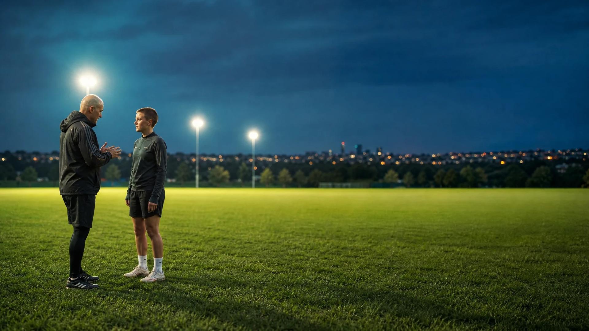 A teenage footballer converses animatedly with a coach in a vast training ground, illuminated by neon lights.