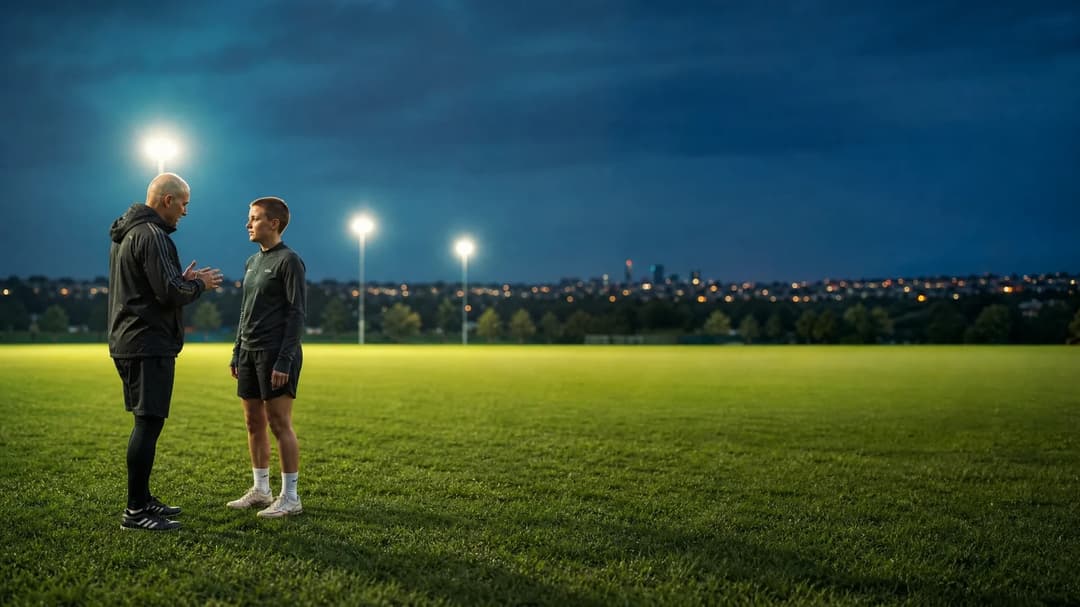 A teenage footballer converses animatedly with a coach in a vast training ground, illuminated by neon lights.