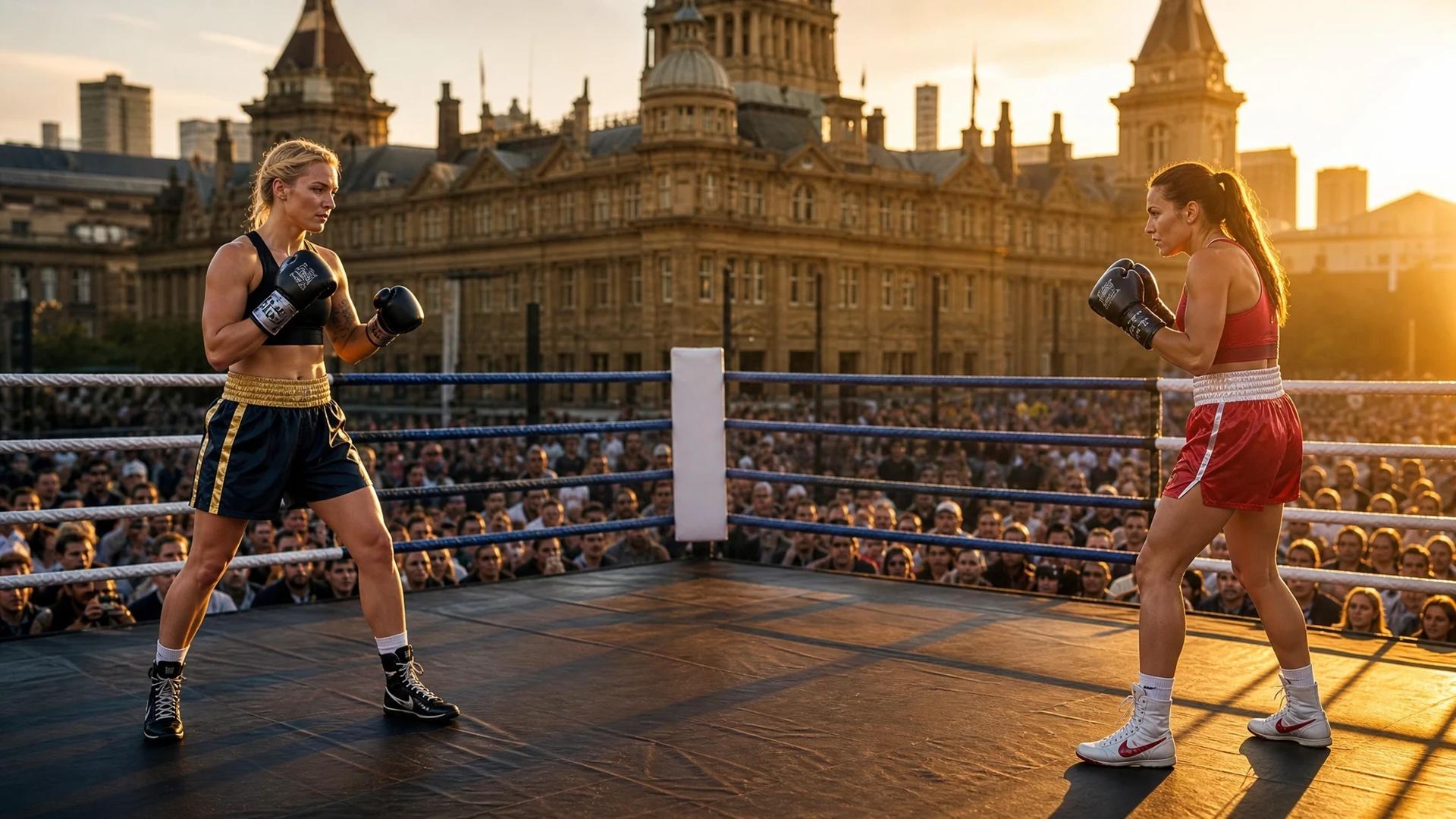 Mikaela Mayer and Chantelle Cameron stand in a boxing ring in Birmingham as the sun sets behind them.
