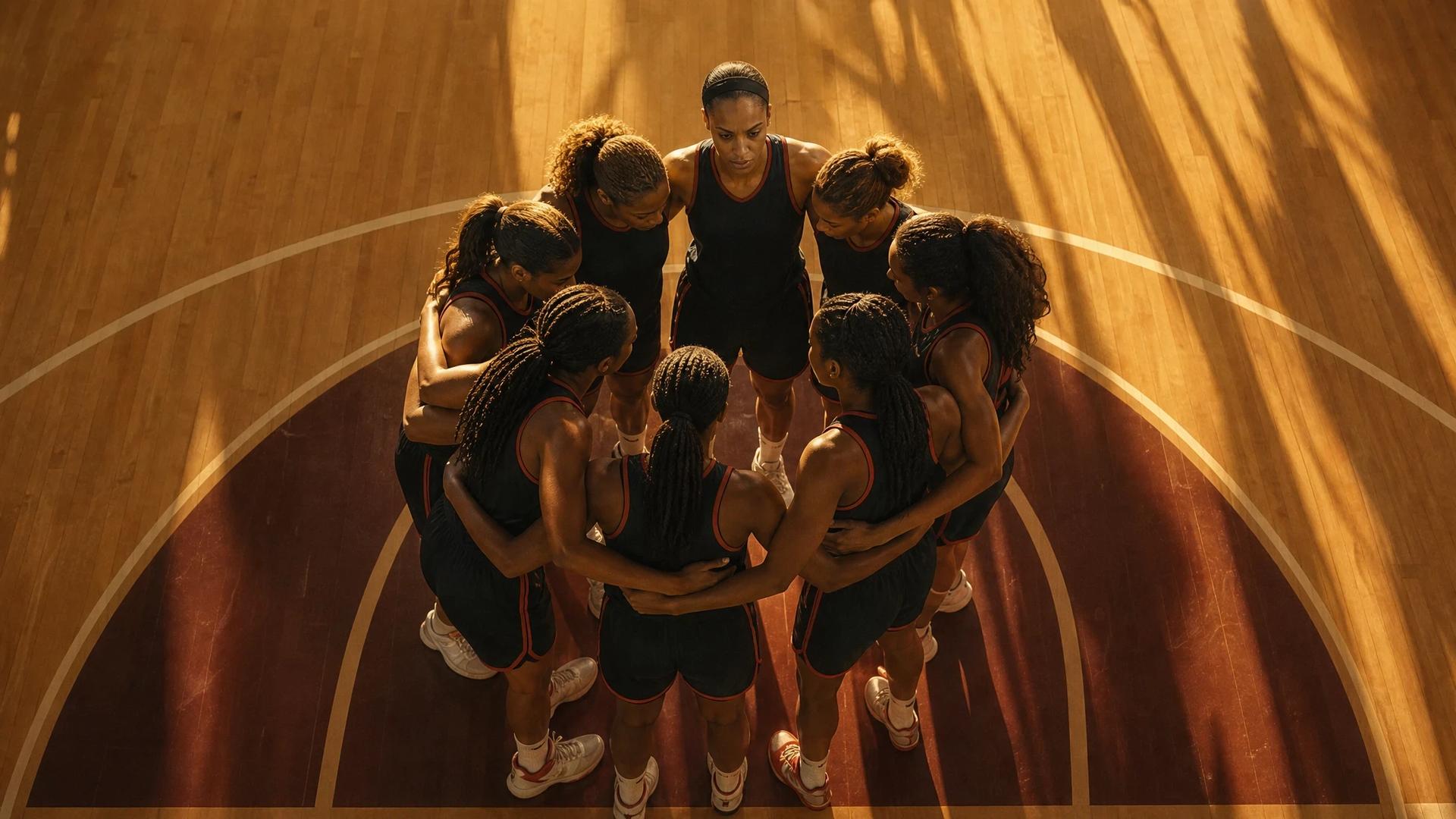 Aerial view of players on a basketball court during golden hour.