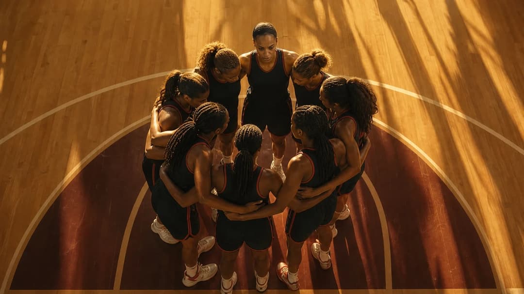 Aerial view of players on a basketball court during golden hour.