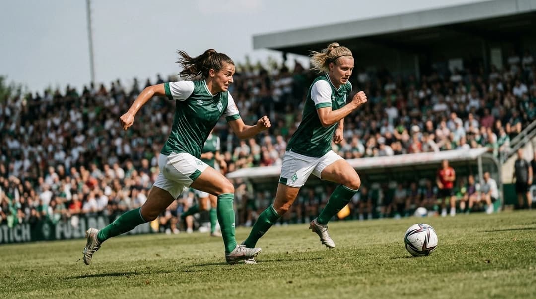 Two female football players from Werder Bremen racing towards the ball on a sunlit football pitch.