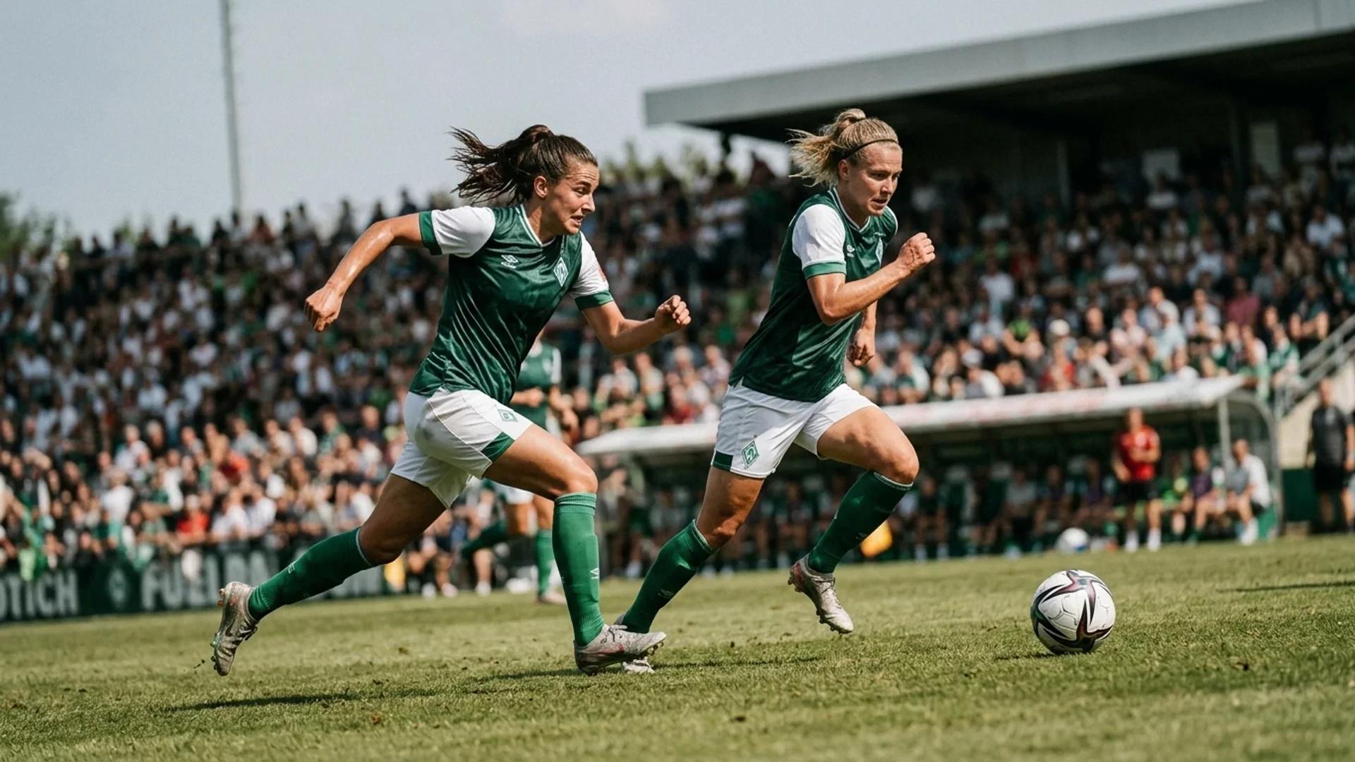 Two female football players from Werder Bremen racing towards the ball on a sunlit football pitch.