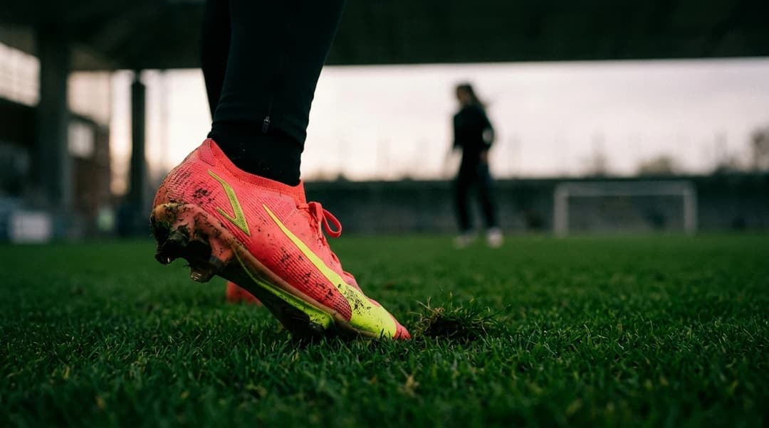 A close-up of a brightly colored female football boot on grass, symbolizing determination.