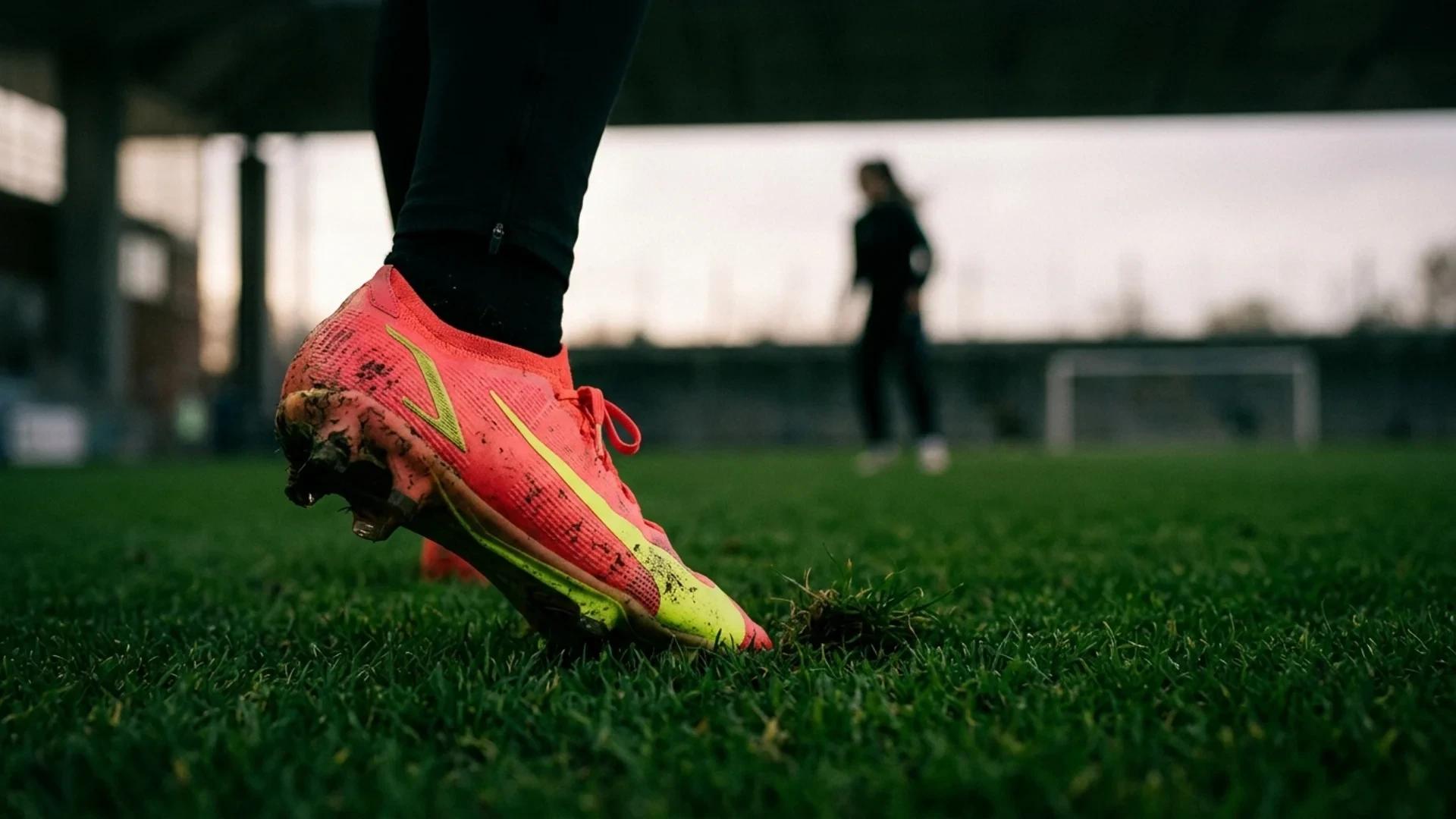 A close-up of a brightly colored female football boot on grass, symbolizing determination.