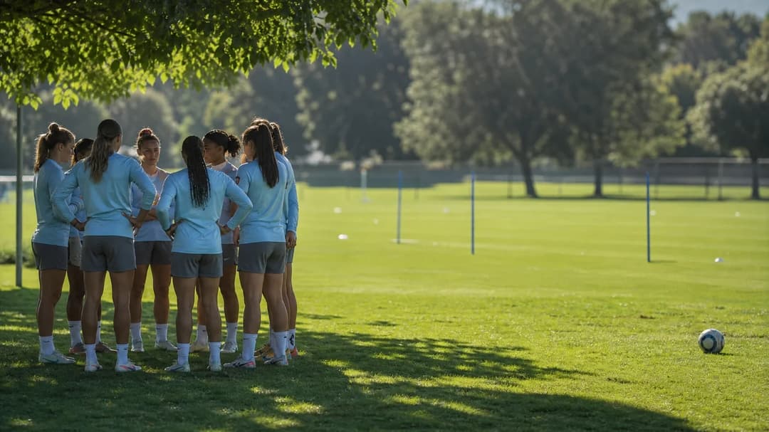 A group of female football players stands in a huddle at the Brighton training ground, looking concerned and reflective.