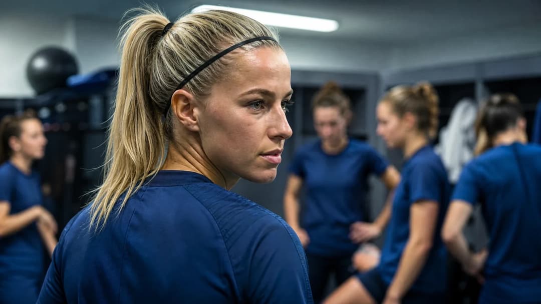 Jackie Groenen stands in a locker room preparing for practice, surrounded by teammates in a focused moment.