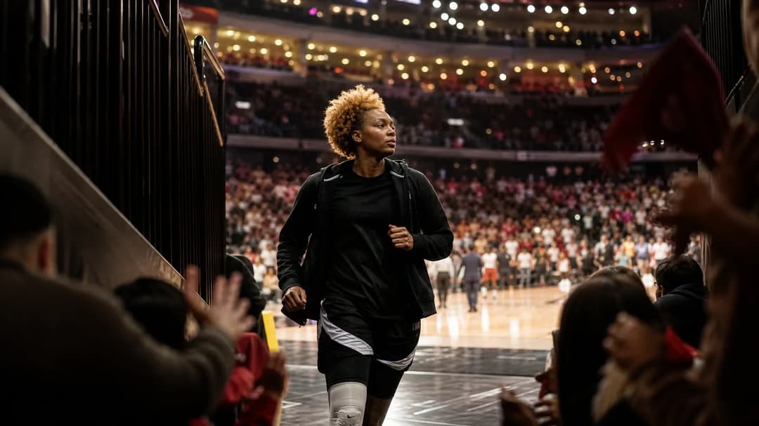 NaLyssa Smith emerging from a sports arena tunnel, focused and determined, with fans blurred in the foreground.