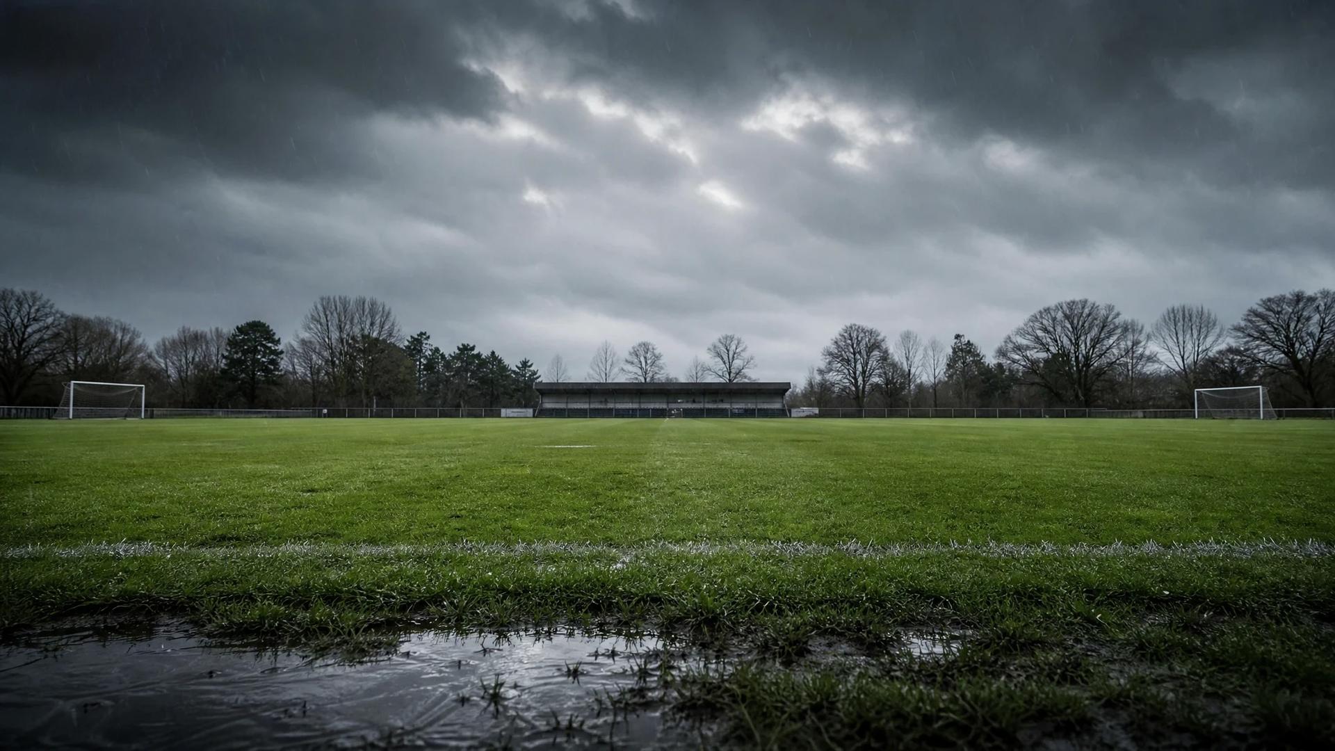 An empty football pitch under stormy skies.