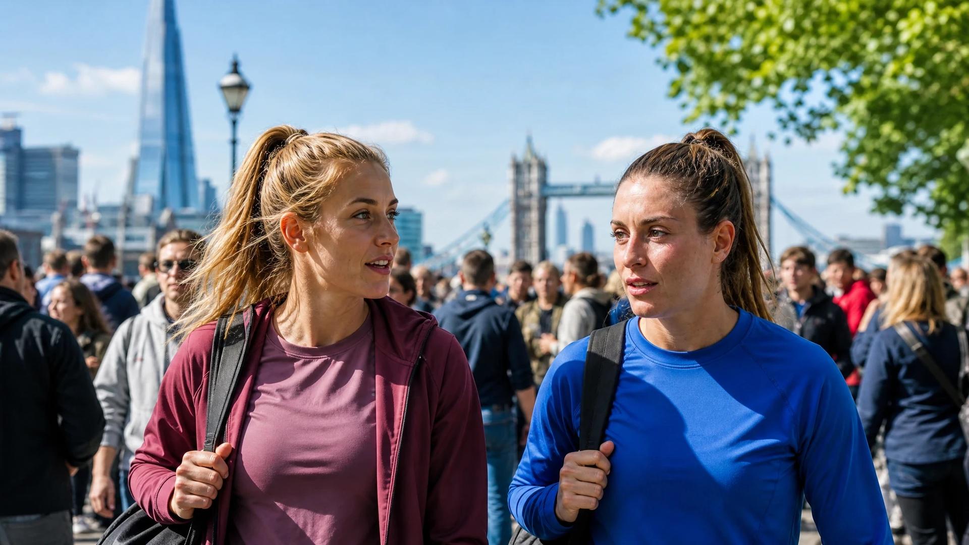 Alexia Putellas and Mapi León are captured in a lively street scene, interacting among a crowd of excited fans.