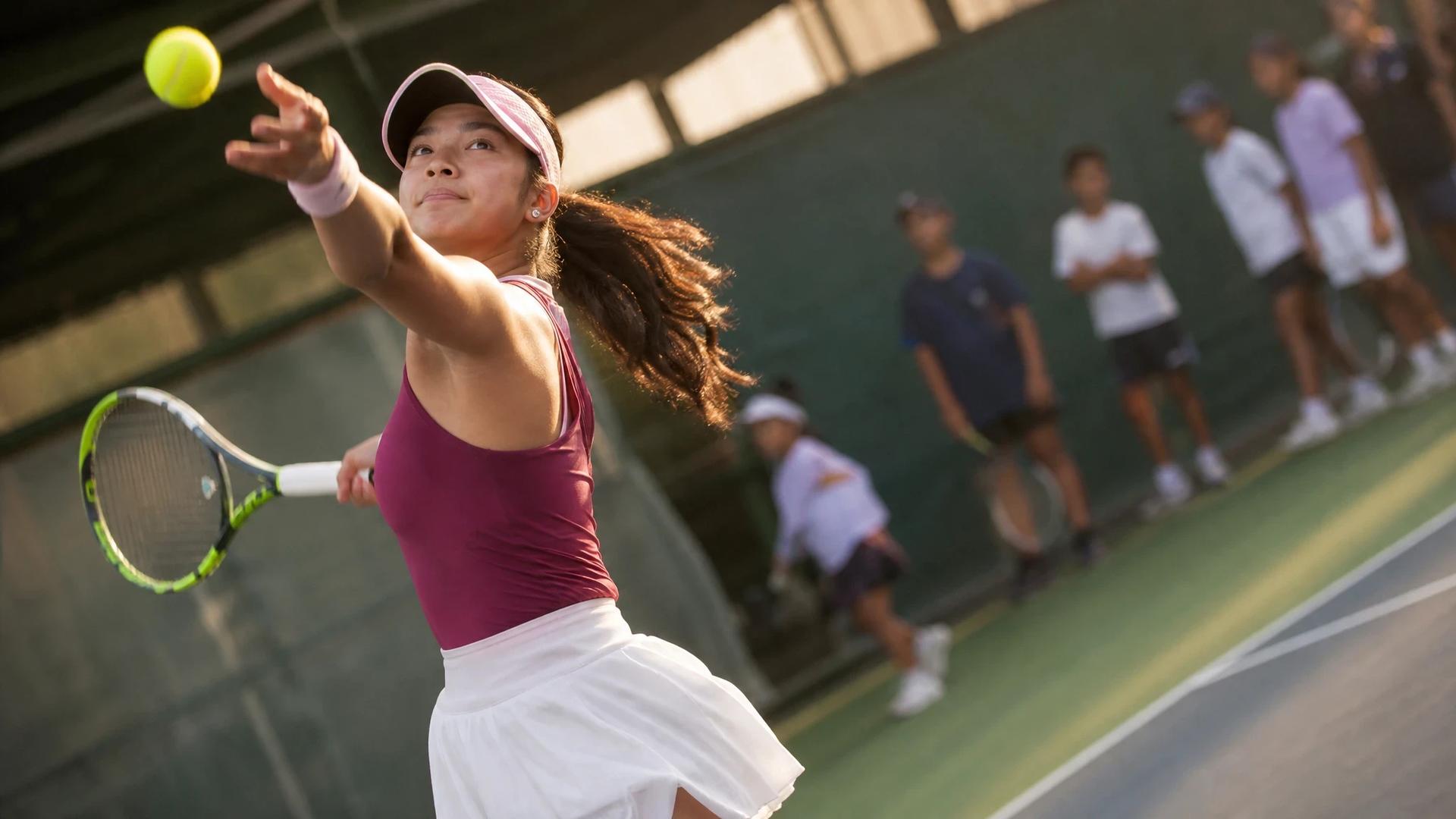 Alex Eala hitting a powerful serve on a tennis court.