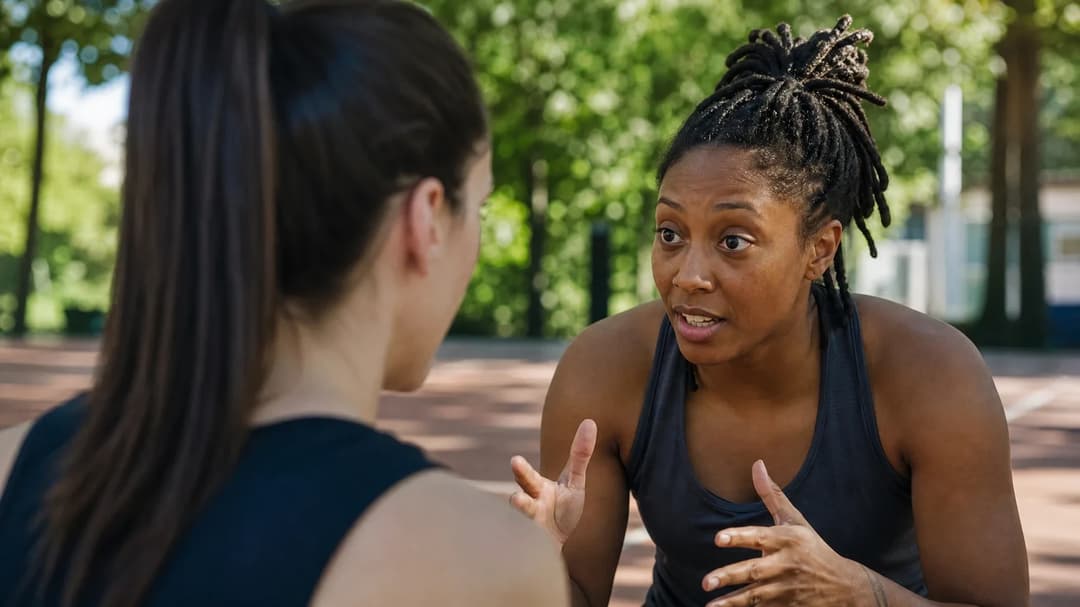 Caitlin Clark and Kelsey Mitchell share a focused conversation on an outdoor basketball court.