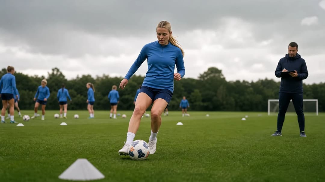 A soccer player training on a field with blurred cones in the foreground.