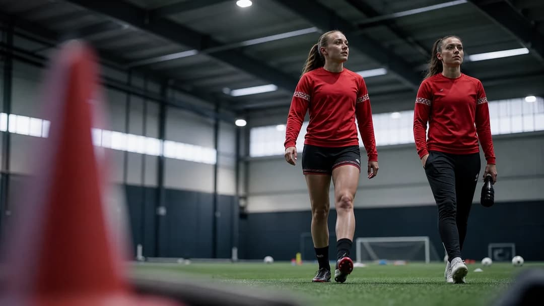 Two female football players walking determinedly towards a training pitch in an indoor facility.