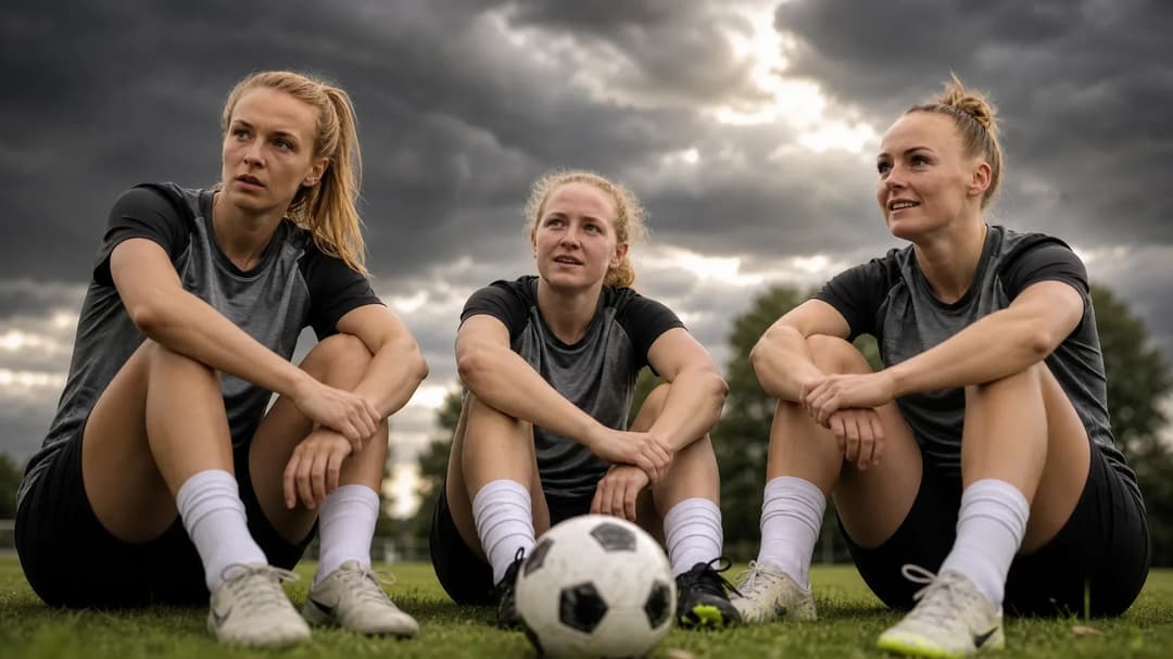 A group of female football players stands on a training pitch under dramatic storm clouds, looking pensive.