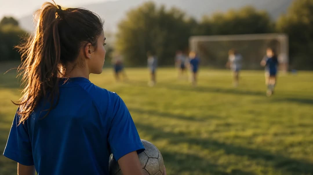 A female football player looking determinedly towards the goal during a training session.