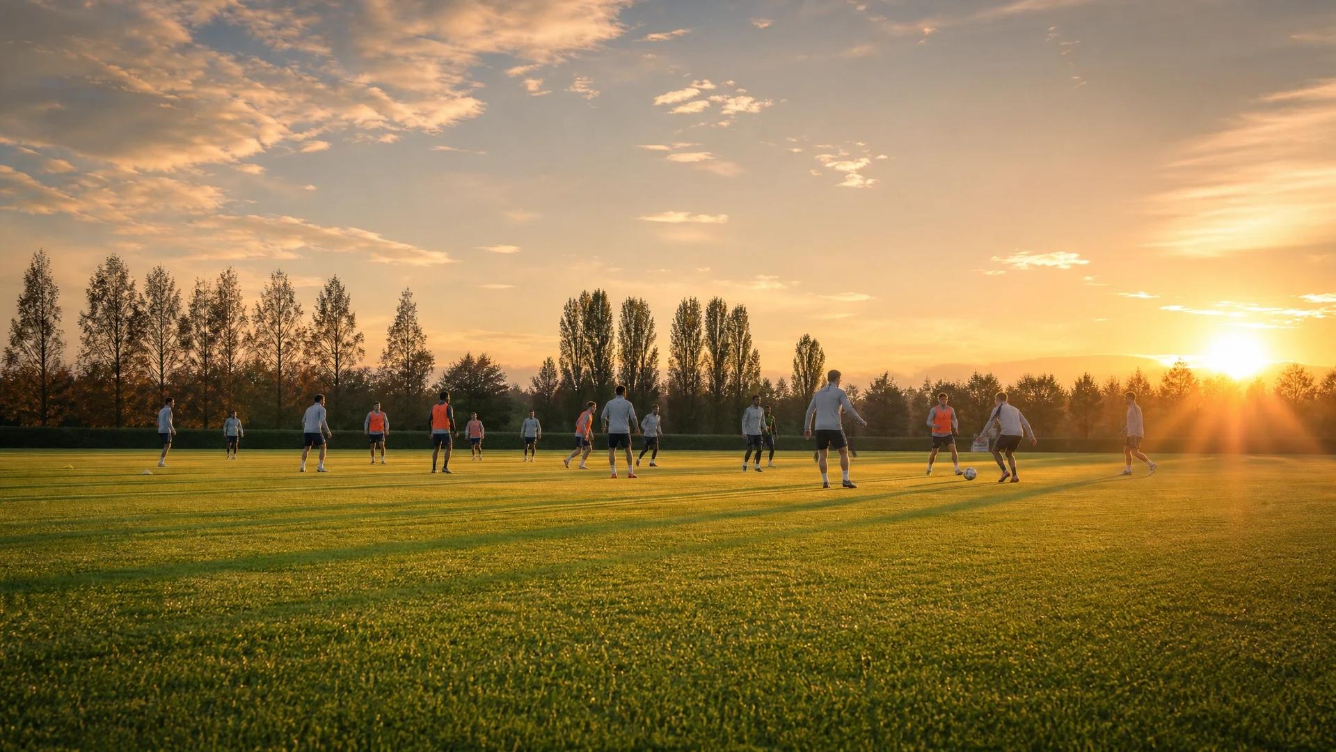 A wide view of a football pitch during golden hour, with players practicing in the distance.