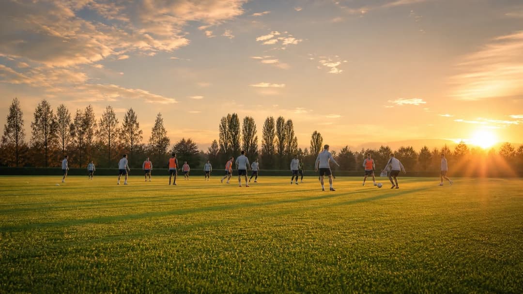 A wide view of a football pitch during golden hour, with players practicing in the distance.