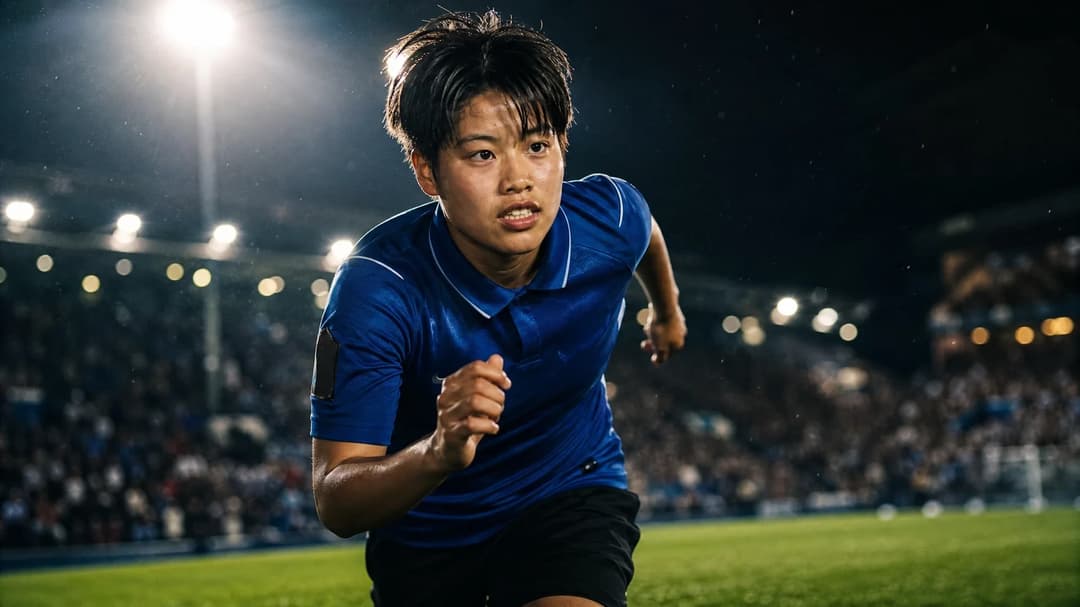 Suzu Amano running onto the pitch at Birmingham City FC with a determined expression.