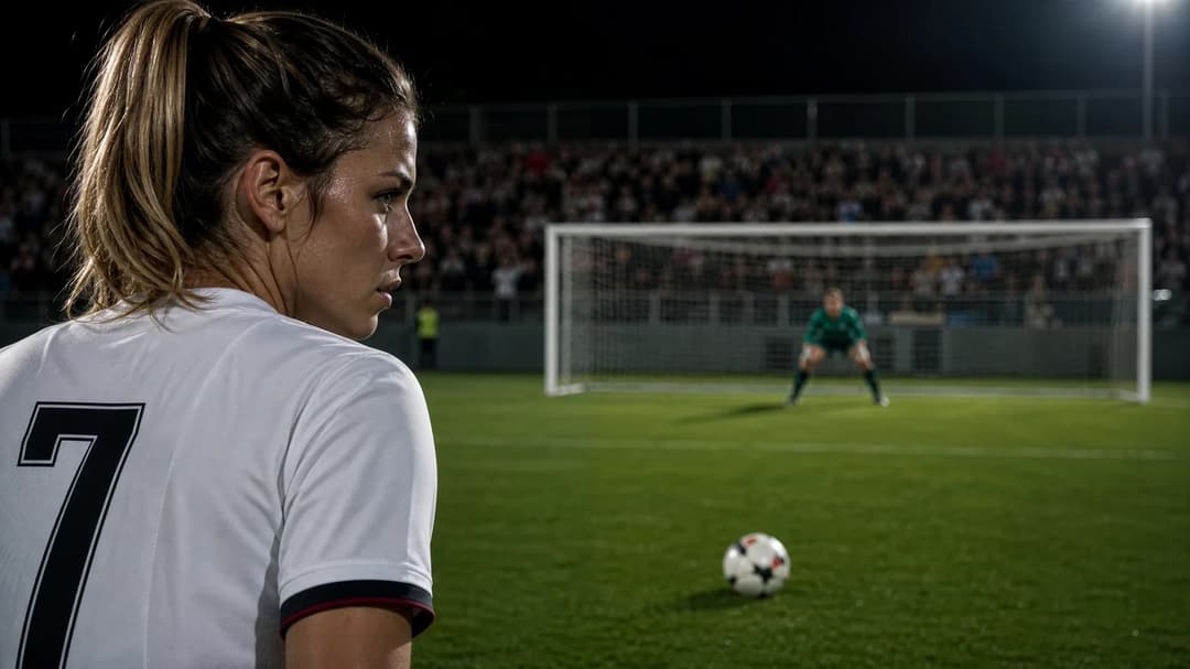A female football player prepares to take a penalty kick, focused and intense.