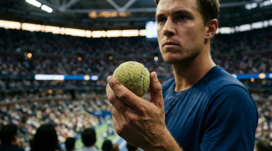 A close-up of a used tennis ball in a player's hand with a blurred audience in the background.