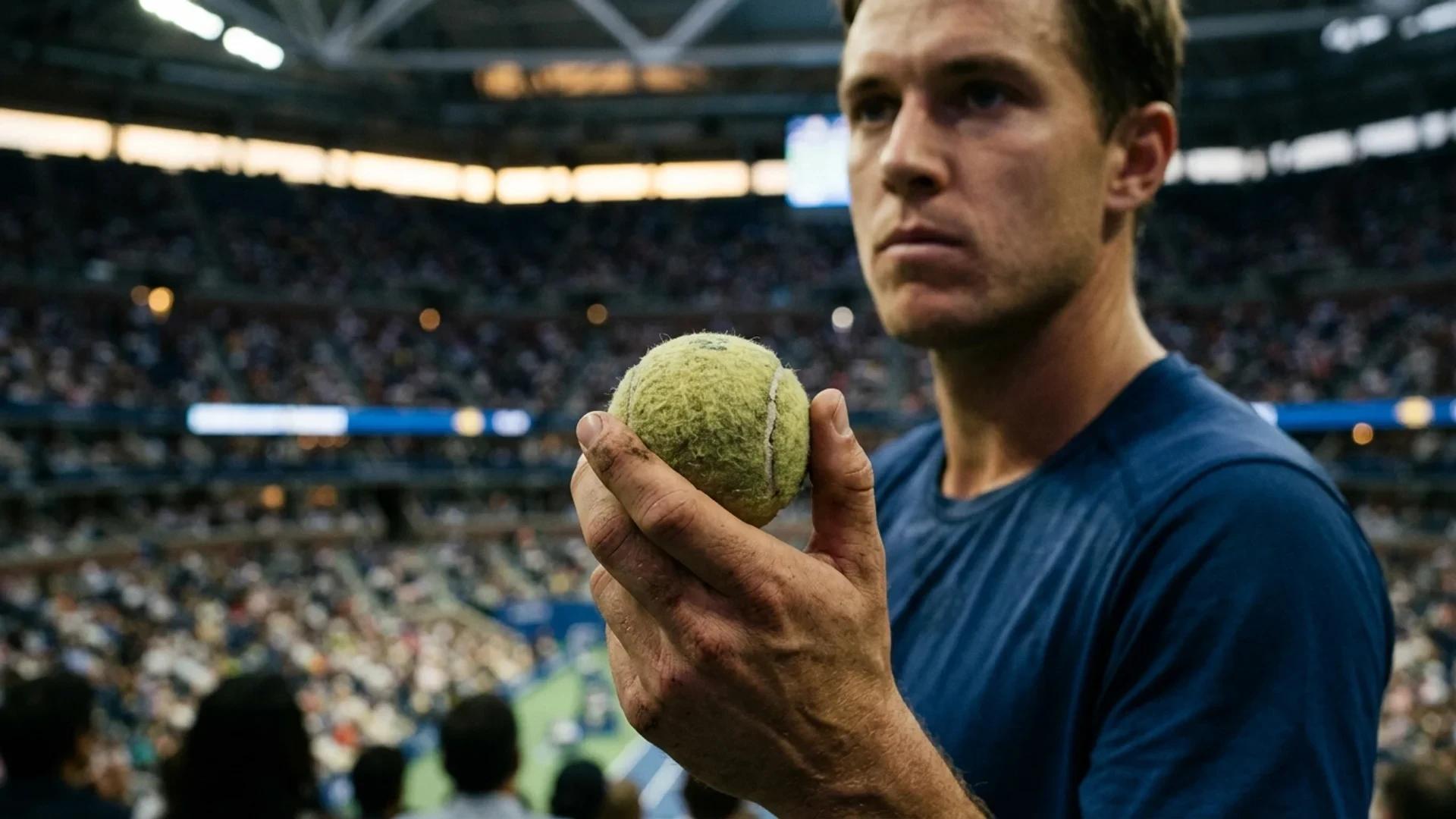 A close-up of a used tennis ball in a player's hand with a blurred audience in the background.