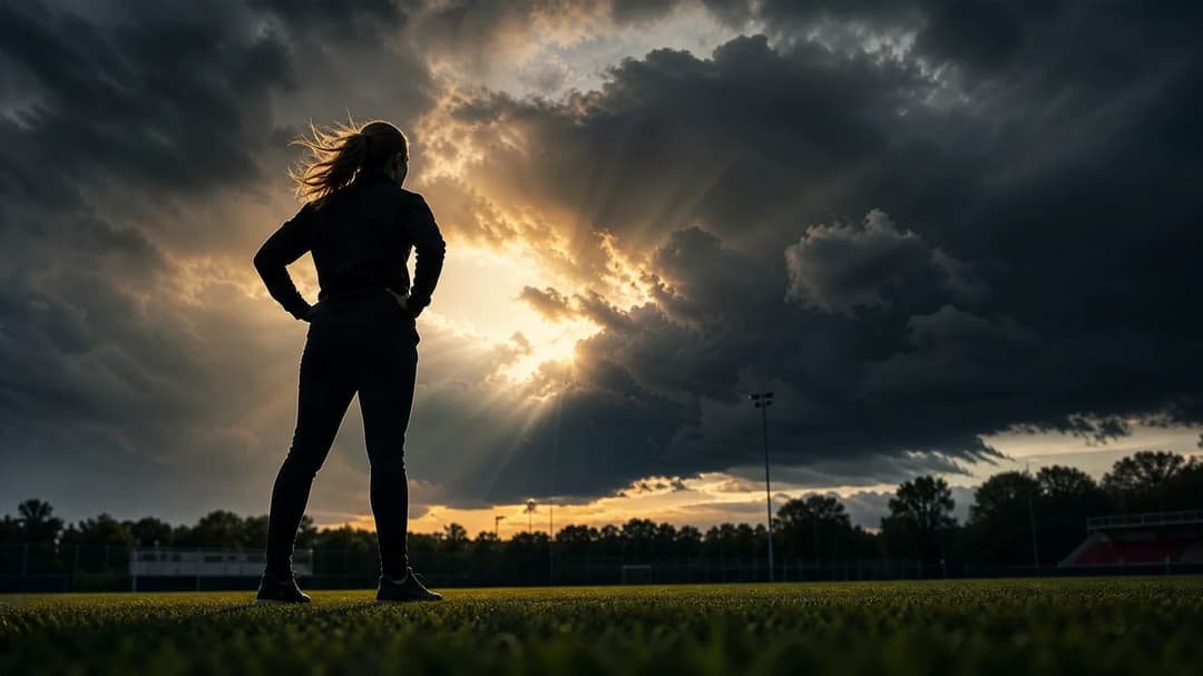 A female football manager standing on a pitch, silhouetted against a dramatic stormy sky.