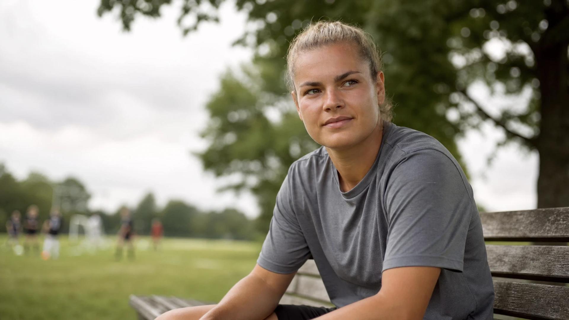 Kayleigh van Dooren sitting on a bench in a park, looking contemplative.