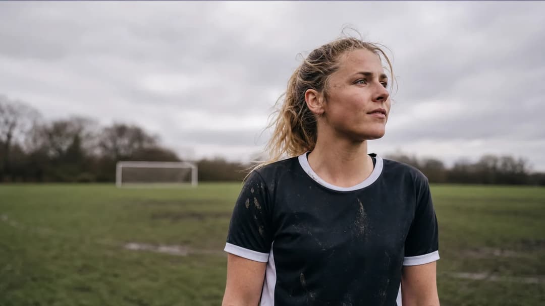 A female football player stands alone on an empty pitch, reflecting on a recent match.